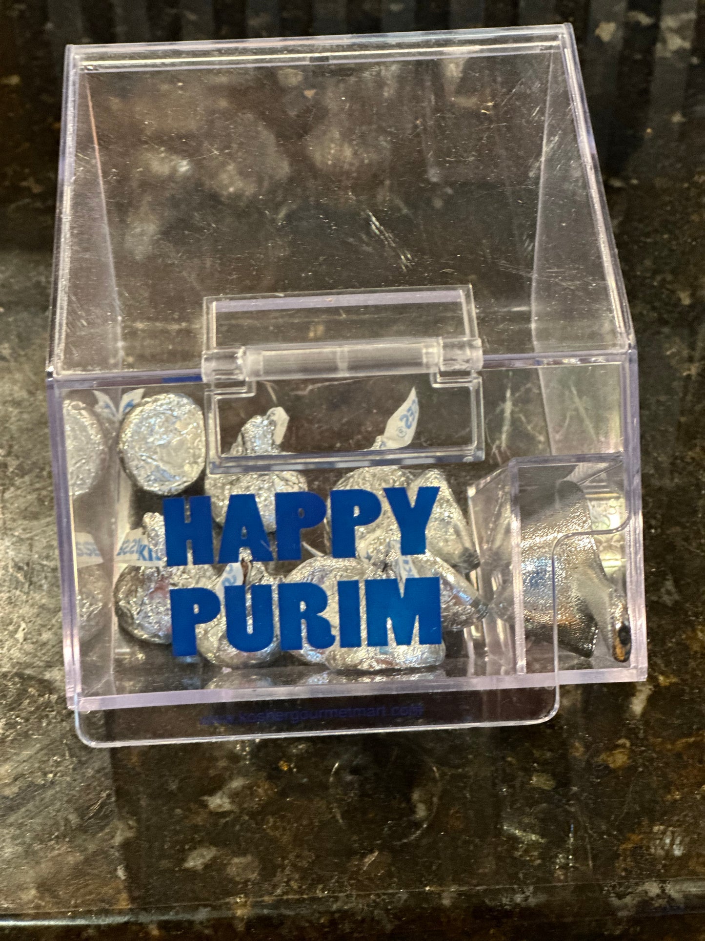 Happy Purim lucite candy bin