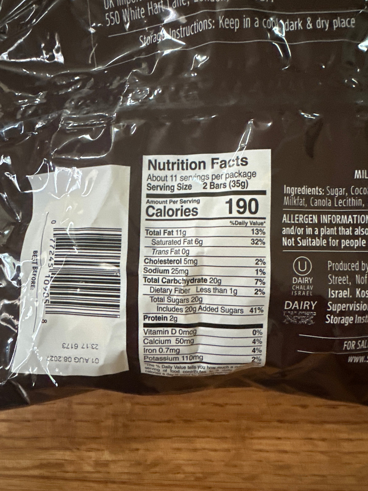 Elite chocolate log bag/Mekupelet - 22-23 units 14.1 oz