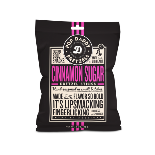 Best by aug 2024Pop Daddy – Cinnamon Sugar Seasoned Pretzels 3.0oz