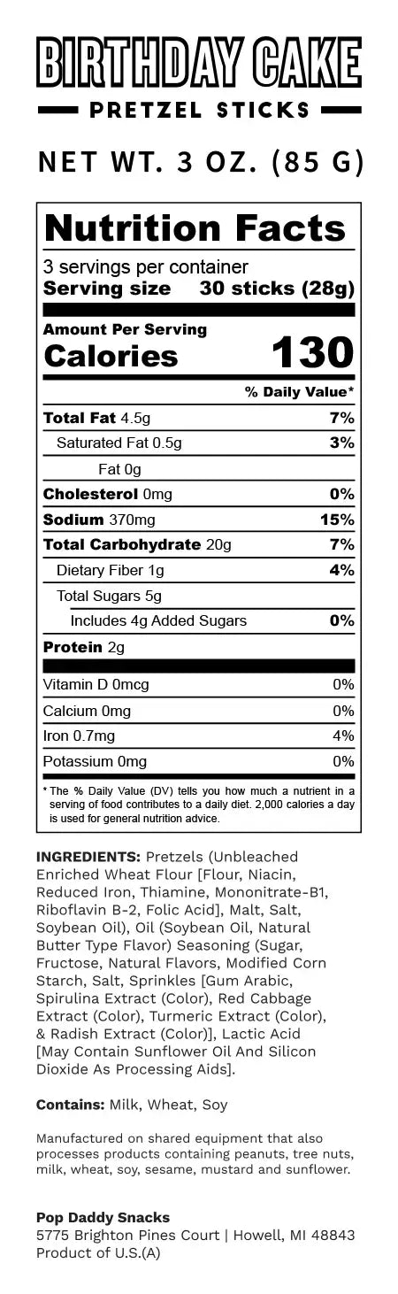Pop Daddy Snacks - Pop Daddy -Birthday Cake Seasoned Pretzels 3.0 oz