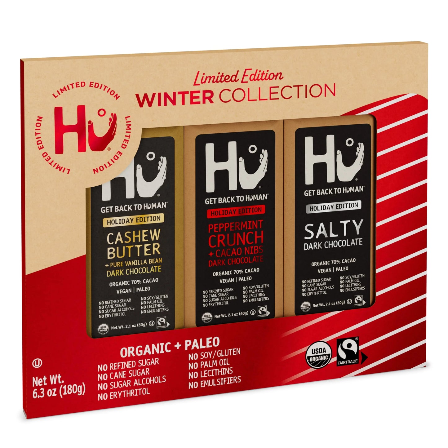 HU KITCHEN Organic Winter Collection Dark Chocolate Bars 3 Count, 6.3 OZ